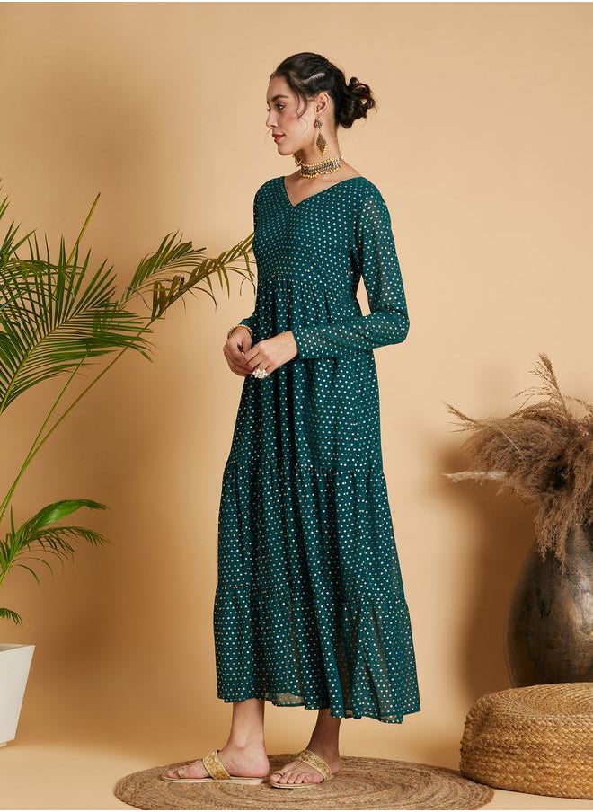 SASSAFRAS - Foil Print Tiered Maxi Dress by Styli - Image 1