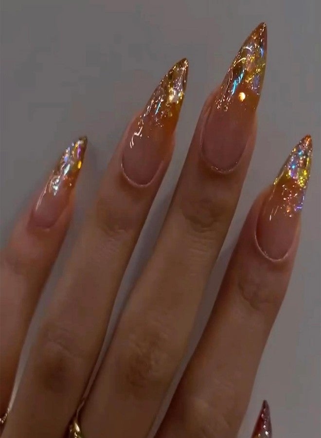 MISUD Press on Nails - Long Stiletto Glue on Nails with Orange Ombre, Acrylic Bling Glitter Rhinestone Design 24 pcs - Image 1