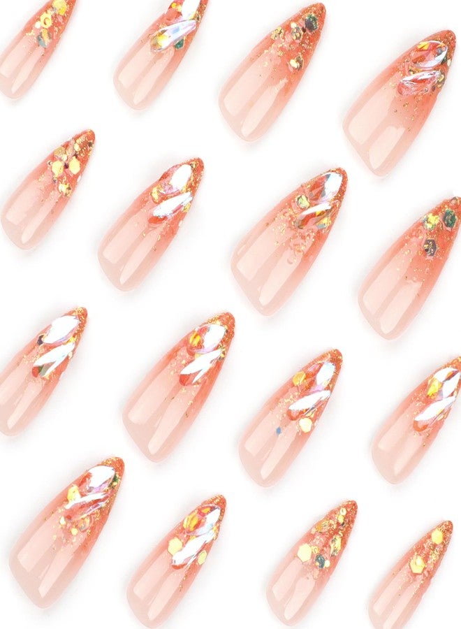 MISUD Press on Nails - Long Stiletto Glue on Nails with Orange Ombre, Acrylic Bling Glitter Rhinestone Design 24 pcs - Image 4