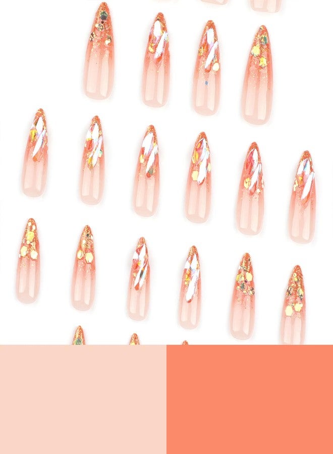 MISUD Press on Nails - Long Stiletto Glue on Nails with Orange Ombre, Acrylic Bling Glitter Rhinestone Design 24 pcs - Image 5