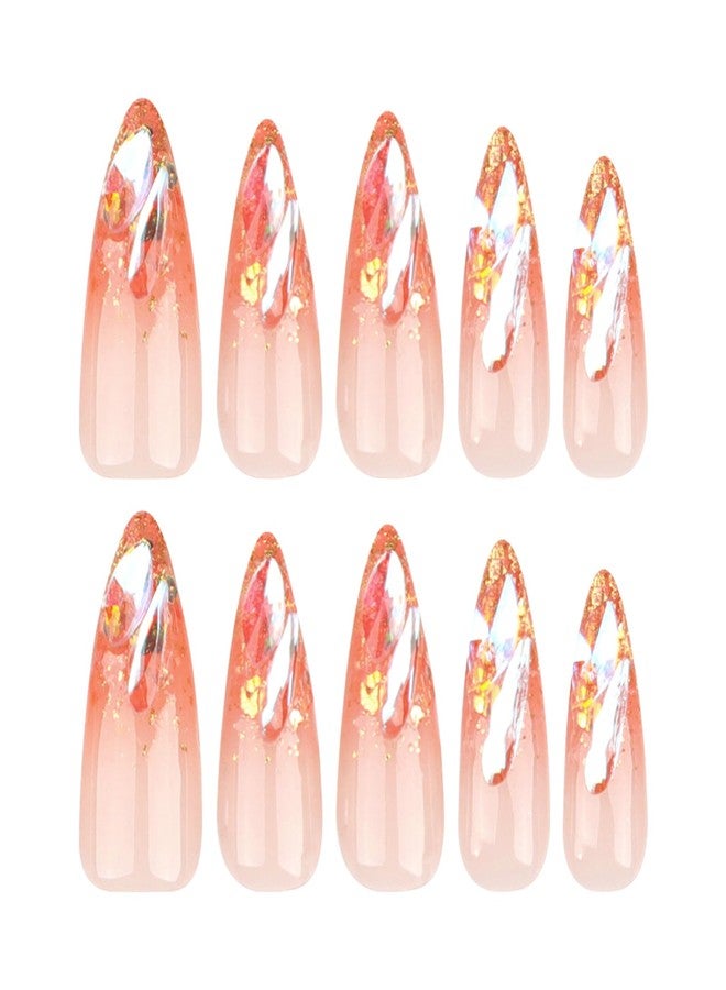 MISUD Press on Nails - Long Stiletto Glue on Nails with Orange Ombre, Acrylic Bling Glitter Rhinestone Design 24 pcs - Image 2