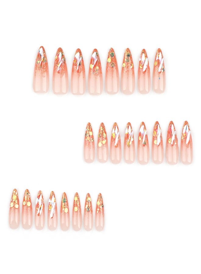 MISUD Press on Nails - Long Stiletto Glue on Nails with Orange Ombre, Acrylic Bling Glitter Rhinestone Design 24 pcs - Image 3