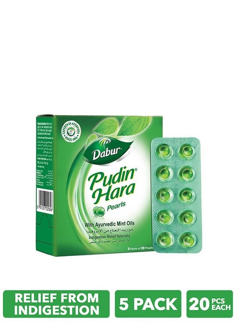 Dabur Pudin Hara Pearls with Peppermint & Spearmint Oils | Quick Relief from Stomach Ache, Gas, Indigestion & Acidity - Pack of 5