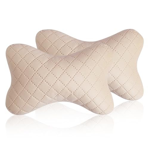 Yobbo Universal Car Neck Rest Headrest Pillow Soft Cushion Cervical Pain Relief Support with Adjustable Straps for All Cars Driving Seat Office Chair, Travel Pack of 2 (Beige-Velvet) - Image 1