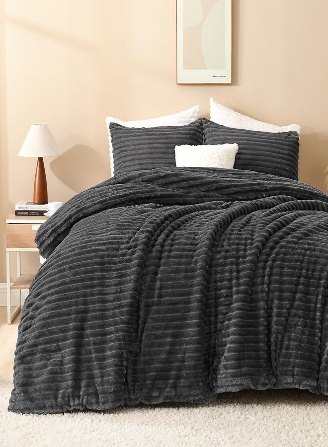 Andency Fleece King Comforter Set, 3 Pieces Dark Grey Comforter Set for King Size Bed, Soft Warm Fluffy Fuzzy Dark Gray Bedding Set for Winter (1 Comforter & 2 Pillowcases) - Image 1