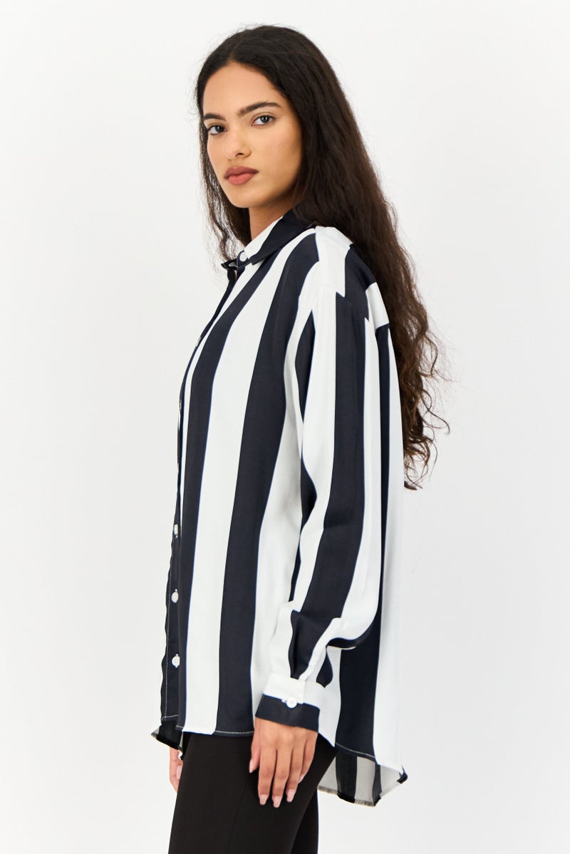 KOTON Women Spread Collar Long Sleeves Stripe Shirt, Multicolor - Image 2