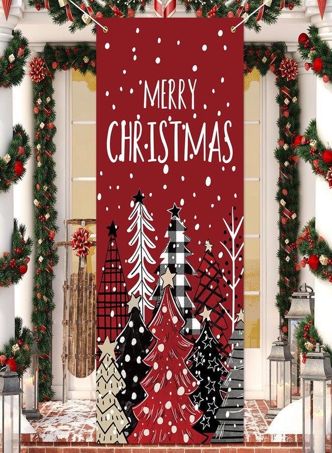 Whaline Merry Christmas Door Cover Xmas Tree Hanging Banner Red Photo Background for Indoor Outdoor Home Party Supplies, 31.5 x 67 Inch - Image 1