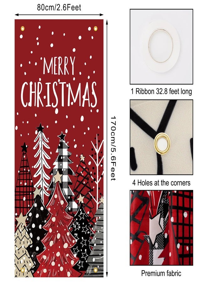 Whaline Merry Christmas Door Cover Xmas Tree Hanging Banner Red Photo Background for Indoor Outdoor Home Party Supplies, 31.5 x 67 Inch - Image 2