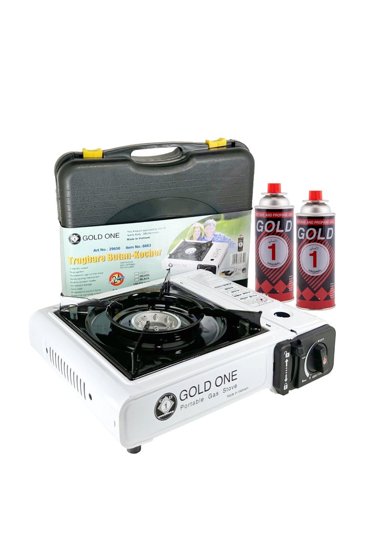 GOLD ONE Camping Stove with 2 Pieces Butane Gas Canisters and Carry Box 