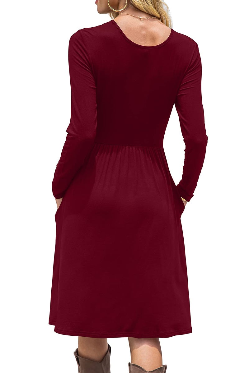 DB MOON Women Casual Long Sleeve Dresses Empire Waist Knee Length Loose Dress with Pockets (Wine Red, L) - Image 2