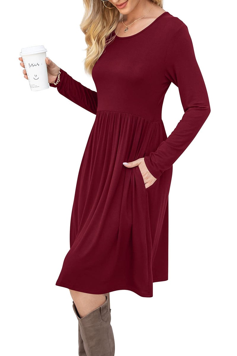 DB MOON Women Casual Long Sleeve Dresses Empire Waist Knee Length Loose Dress with Pockets (Wine Red, L) - Image 4