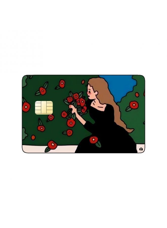 RKN PRINTED BANK CARD STICKER Beautiful Girl Drawing With Red Flowers - Image 1