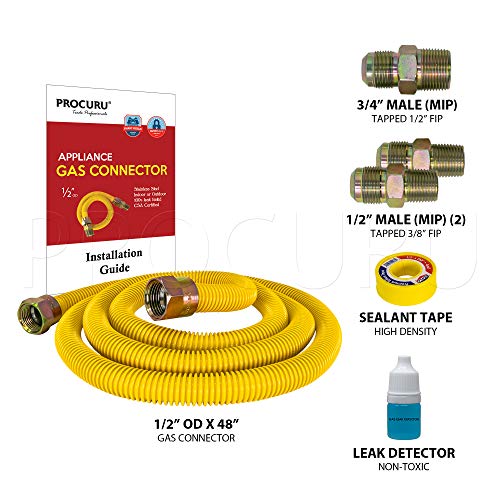 PROCURU 1/2" OD x 48" (4Ft) Universal Flexible Gas Connector Kit, SafeGuard Yellow-Coated Stainless Steel Gas Supply Pipe for Dryers, Bbq Grills, Water Heaters (Red-A1 Series) - Image 2