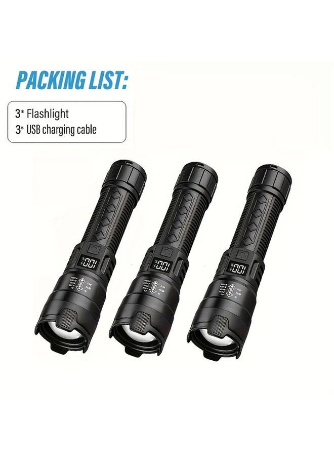 3pcs Rechargeable LED Flashlight With Zoom Power Indicator For Outdoor Camping Work Emergency - Image 1