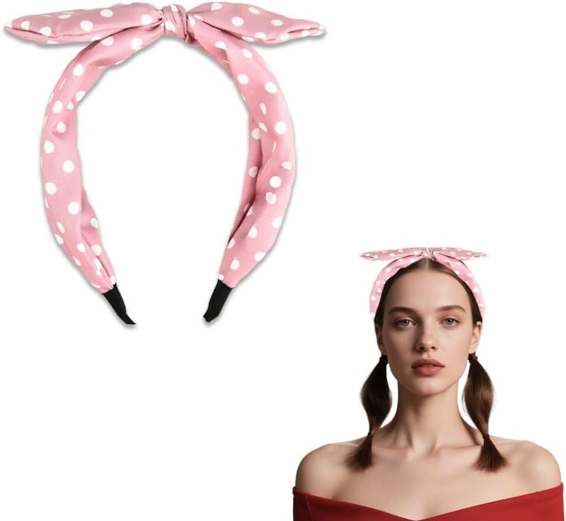 Pink Polka Dot Bow Headband for Women Girls Bowknot Hair Bands for Thick Curly Hair