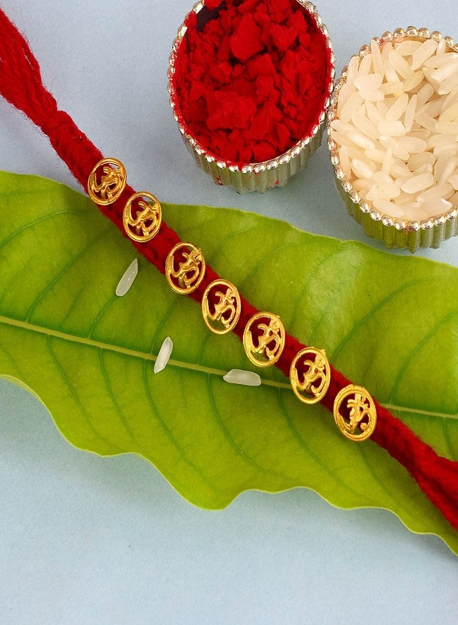 DULCI Made of Brass Golden Om Raksha Bandhan Red Thread Dora Rakhi Bracelet for Brother Bhaiya - Image 3