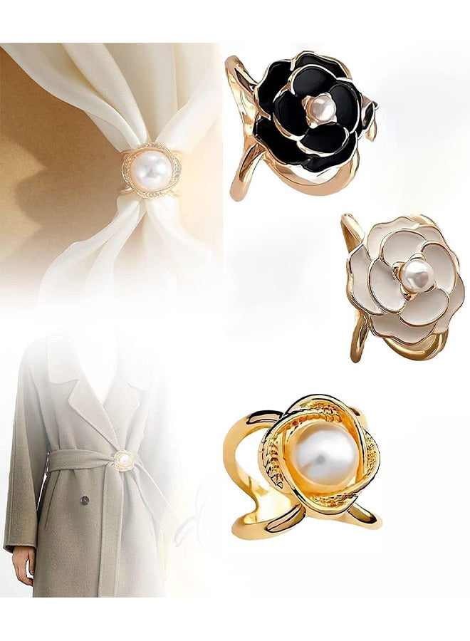 Depend 3 PCS Pearl Brooch, Fashion Metal Shawl Clip Buckle, Camellia Flower Scarf Buckle, Perfectly Complementing Scarf Girls' Decoration Accessories  - Image 1