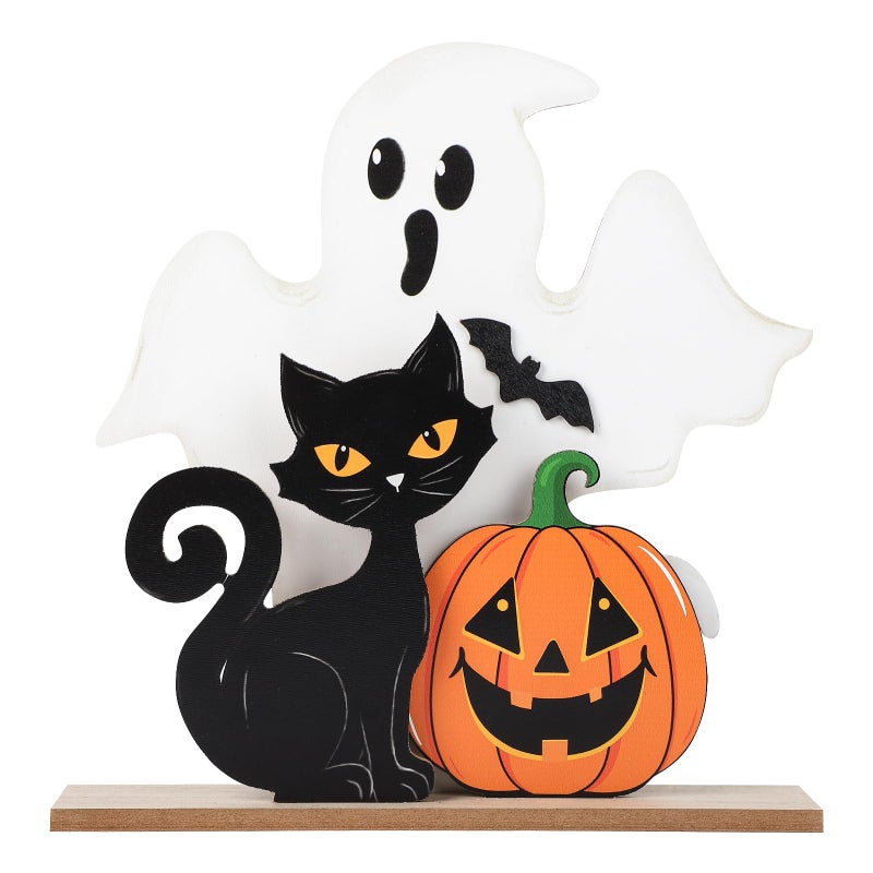 Sophena Halloween Decorations Indoor Wooden Black Cat Halloween Decor Ghost Table Sign Pumpkin Table Centerpieces Standing Tabletop Decoration for Holiday Desk Tiered Tray Party Shelf Decorations Farmhouse - Image 1