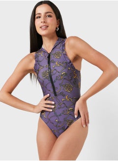Athletic Printed Swimsuit With Hoodie