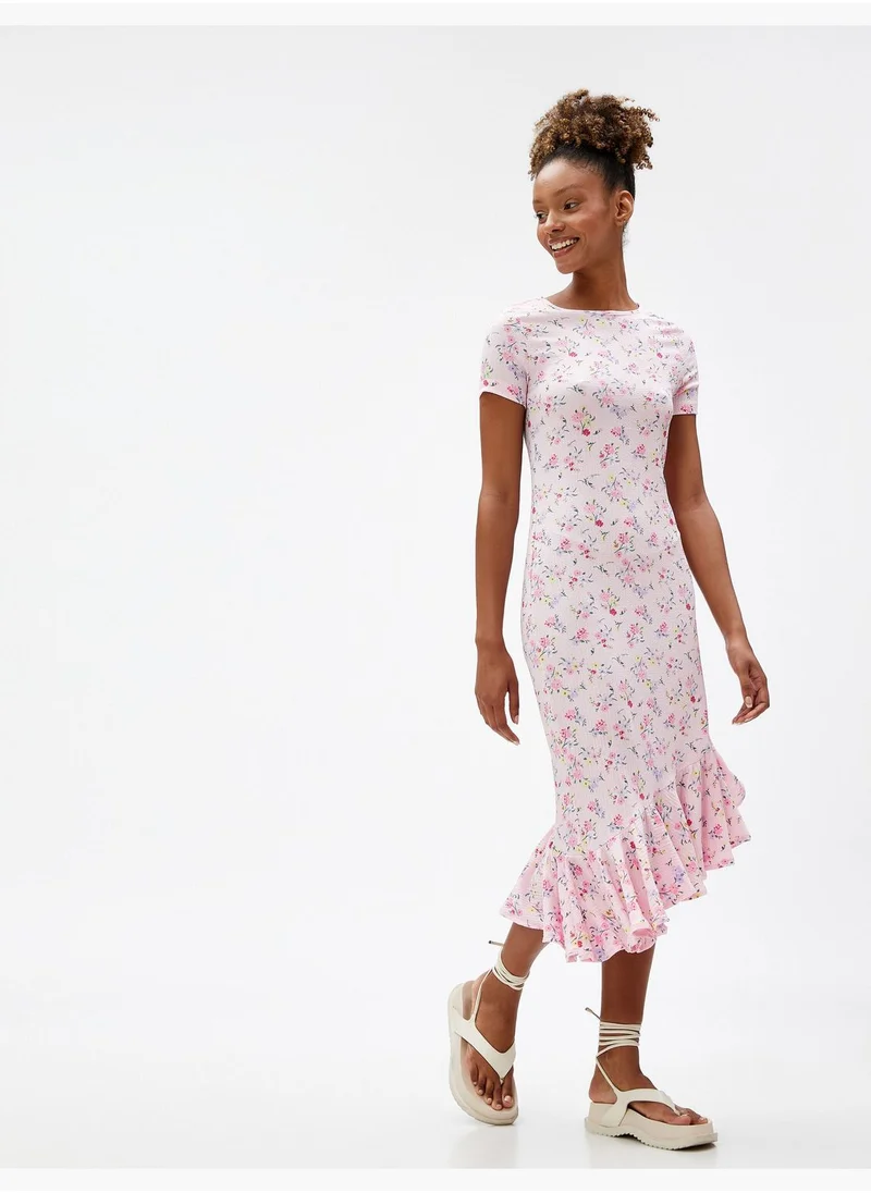 KOTON Crew Neck Ruffle Detail Floral Midi Dress