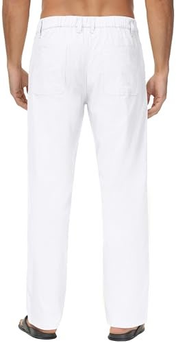 Janmid Men Casual Beach Trousers Linen Summer Pants White L - Image 2