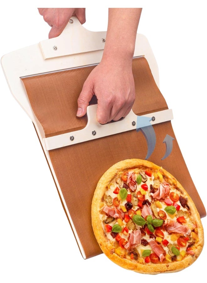 مجرفة بيتزا منزلقة احترافية مع حزام ناقل غير لاصق Teflon لنقل البيتزا والفطائر والعجائن الرقيقة بسهولة دون التصاق، مقبض مريح للتحكم والدفع والسحب، أداة خبز منزلية للبيتزا والفطائر والخبز الرقيق، مصنوعة من بلاستيك مقوى عالي الجودة مقاوم للحرارة، سهلة التنظيف، مثالية للفرن المنزلي، خبز البيتزا الاحترافي في المنزل بدون دقيق إضافي - Image 1