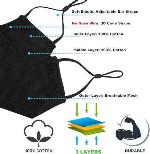 Yarehand Breathable 3-Ply Cloth Face Mask Reusable Adjustable Ear Loops, Washable Black Cotton Masks for Teens/Small Face Women (Pack of 4) (Black) - Image 4