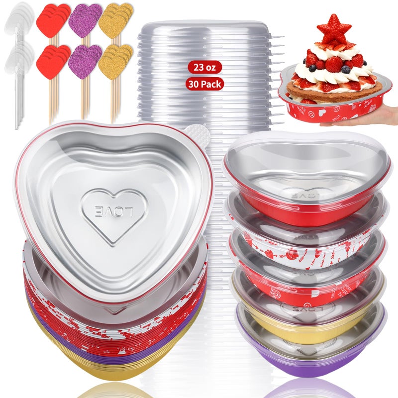 LifeisLuck 23 OZ Large Heart Shaped Cake Pans for Baking 30 Pack Aluminum Foil Baking Tins with Lids 5 Colors Desert Heart Cake Mold Disposable Pans Containers for Valentine's Day, Mother's Day, Wedding, Party - Image 1
