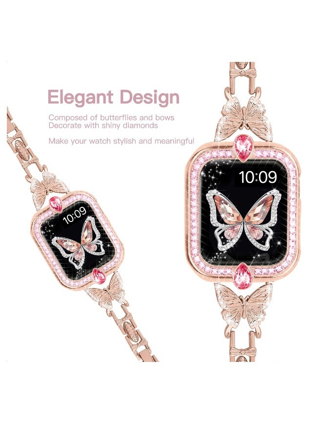 Band Compatible with Apple Watch 42mm 44mm 45mm, Lightweight for Women, Easy Adjustable Bracelet, Shiny Diamond on erfly, Jewelry Metal Strap for iWatch Series 7 6 5 4 3 2 1 SE(Rose Gold) - Image 2