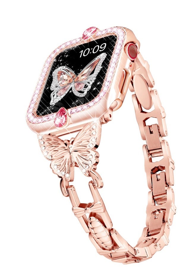 Band Compatible with Apple Watch 42mm 44mm 45mm, Lightweight for Women, Easy Adjustable Bracelet, Shiny Diamond on erfly, Jewelry Metal Strap for iWatch Series 7 6 5 4 3 2 1 SE(Rose Gold) - Image 1