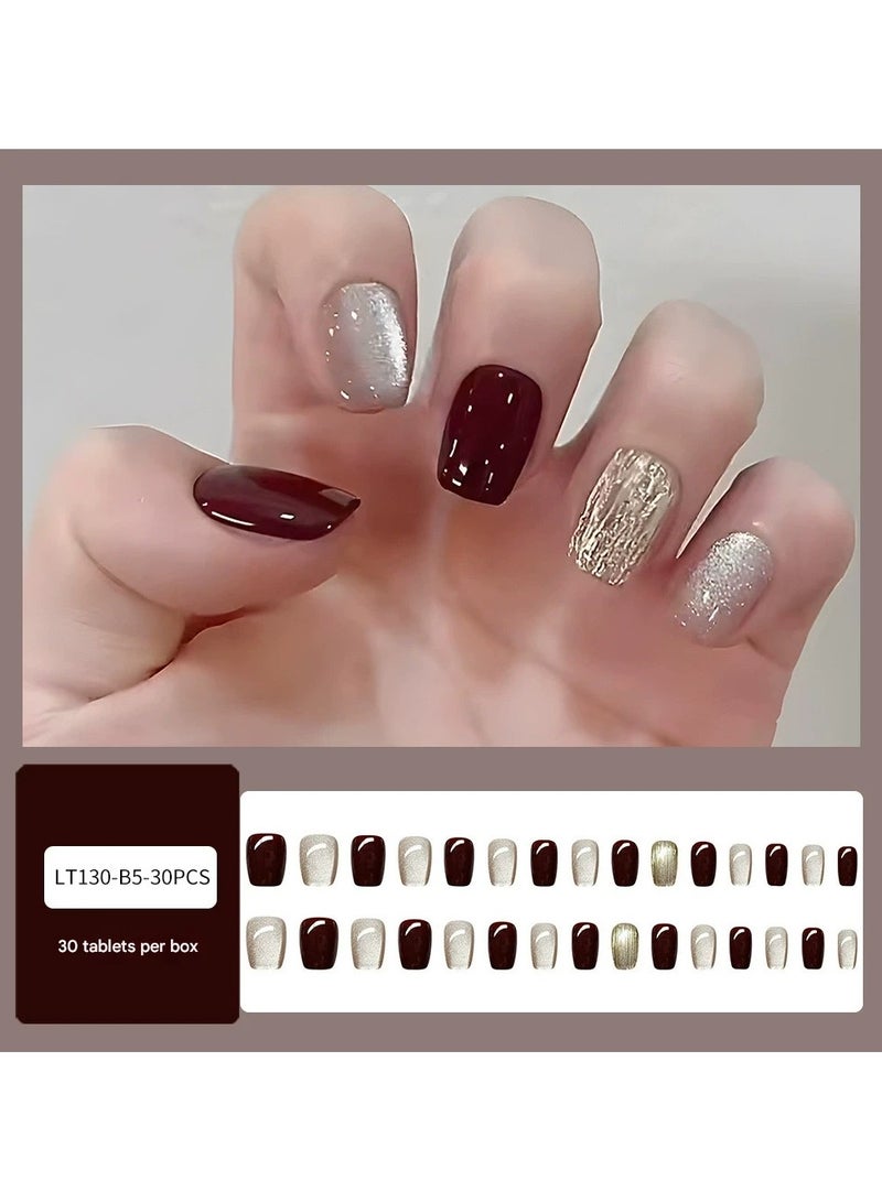 Goolsky 30 قطعة أظافر ضغط عين القط باللون الأحمر الغارنيت - نصائح أظافر مزيفة بكروم ذهبي وكريستالي، مناسبة للحفلات المتلألئة - Image 1