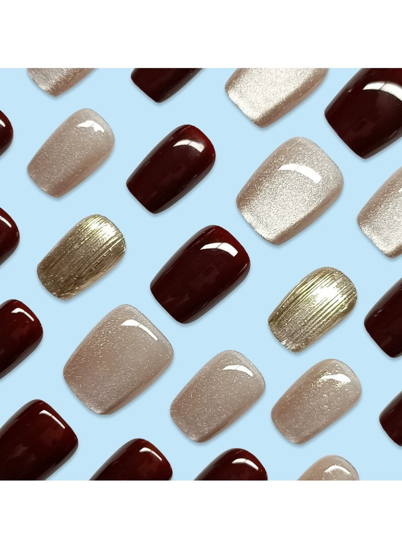 Goolsky 30 قطعة أظافر ضغط عين القط باللون الأحمر الغارنيت - نصائح أظافر مزيفة بكروم ذهبي وكريستالي، مناسبة للحفلات المتلألئة - Image 2