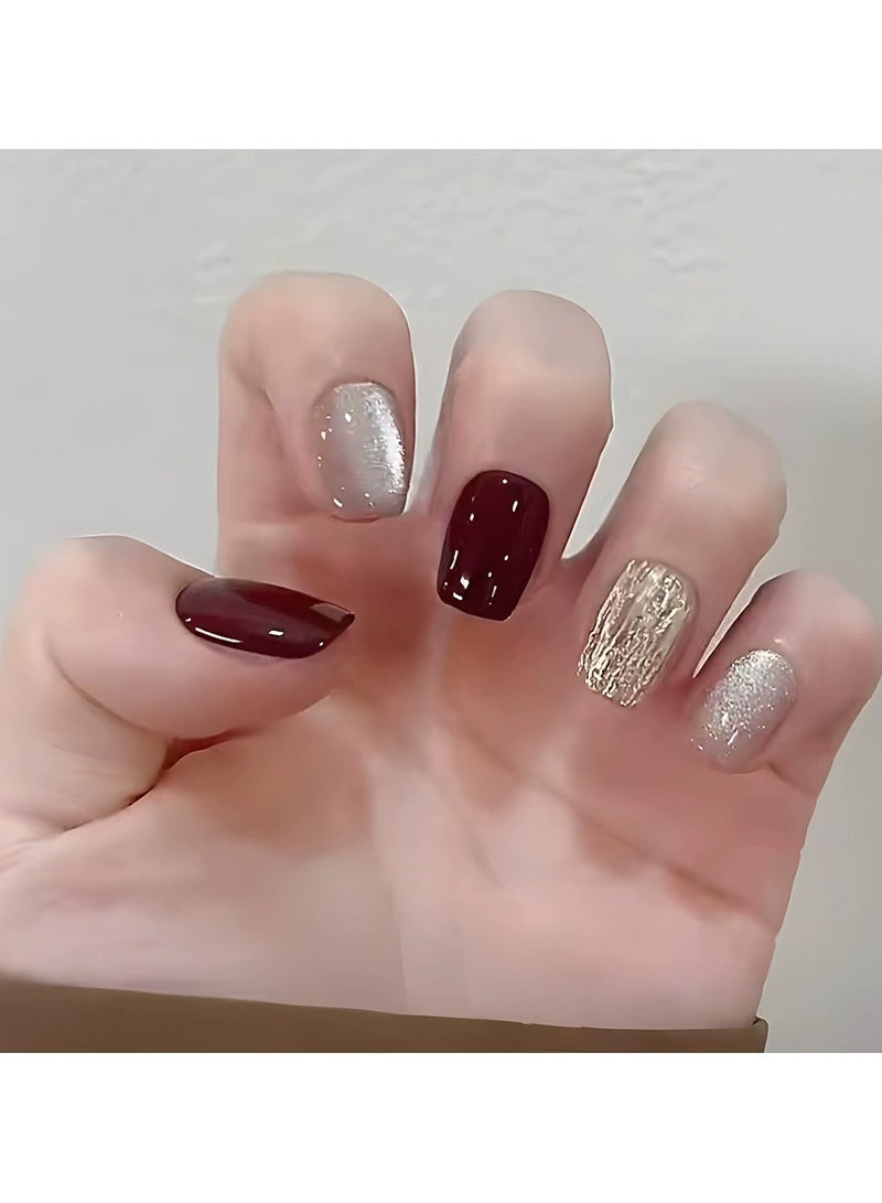 Goolsky 30 قطعة أظافر ضغط عين القط باللون الأحمر الغارنيت - نصائح أظافر مزيفة بكروم ذهبي وكريستالي، مناسبة للحفلات المتلألئة - Image 4