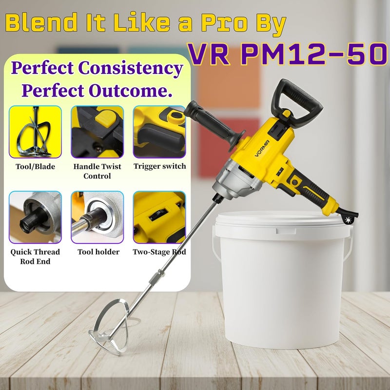IBELL TOOLS iBELL Vormir VR PM12-50 Heavy-Duty Paint Mixer | 1200W Motor, Variable Speed 0–1050 RPM, 16mm Chuck Size, 120mm Mixing Wheel | 220V~50/60Hz | Ideal for Paint, Plaster & Cement Mixing - Image 2