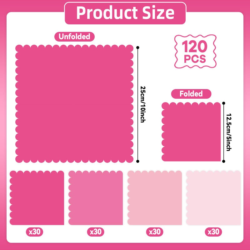 gisgfim 120 PCS Pink Napkins Disposable 5 x 5 Inch Light Pink Scalloped Hand Paper Napkins Hot Pink Gradient Beverage Dinner Dessert Napkins for Wedding Baby Bridal Shower Tea Party Supplies - Image 2