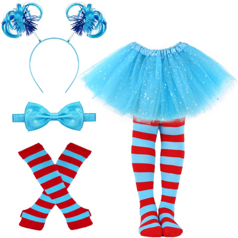 Yanbuny World Book Day Character Costume Set with Blue Furry Ponytails headband Bowtie Tutu Skirt Striped Knee Socks and Gloves for Cosplay - Image 1