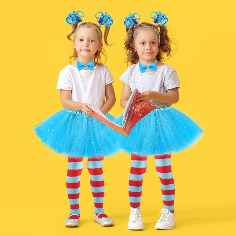 Yanbuny World Book Day Character Costume Set with Blue Furry Ponytails headband Bowtie Tutu Skirt Striped Knee Socks and Gloves for Cosplay - Image 5
