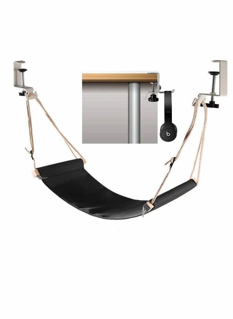 Excefore - Foot Hammock  Ergonomic Foot Rest Portable Adjustable Desk Hammock Stand for Home Office with Headphones Holder Black Adjustable Height Flight Carry on Foot Rest Hammock Wrap - Image 1