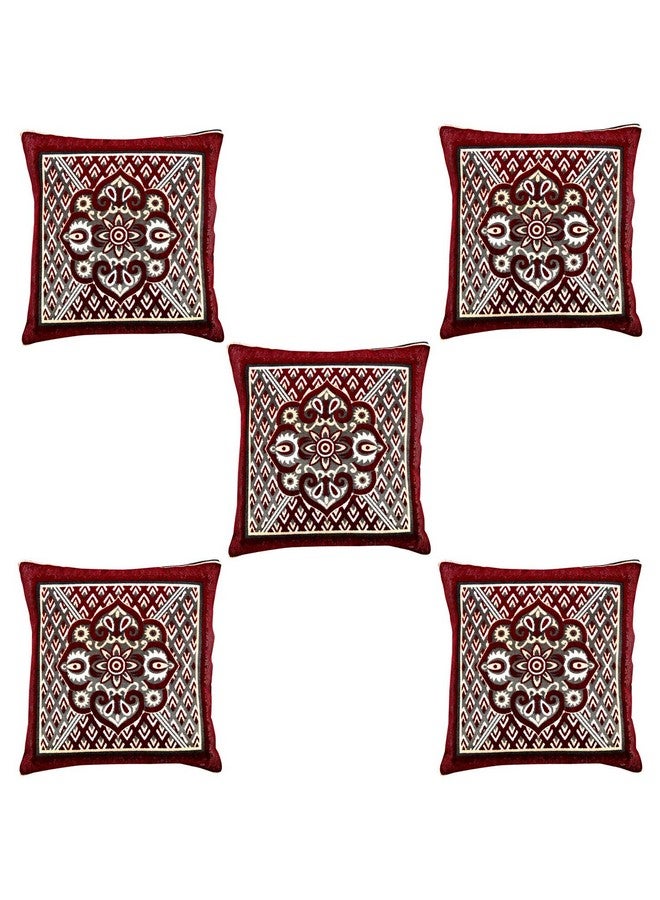 Nendle Jacquard Weaved Decorative Velvet Cushion Cover/Sofa Pillow Cover Set Of 5 Pieces (Maroon, 16X16 Inches), 500 TC - Image 2