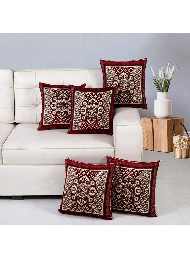 Nendle Jacquard Weaved Decorative Velvet Cushion Cover/Sofa Pillow Cover Set Of 5 Pieces (Maroon, 16X16 Inches), 500 TC - Image 1
