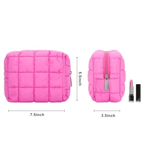 E-Tree Cute Makeup Bag,Quilted Cosmetic Bag,Make up Pouch for Purse,Toiletry Zipper Pouch,Checkered Bag,Travel Case,Storage Pouches for Organization (Hot Pink) - Image 2