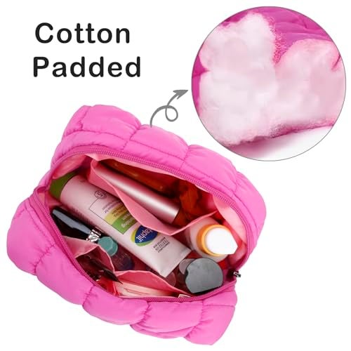 E-Tree Cute Makeup Bag,Quilted Cosmetic Bag,Make up Pouch for Purse,Toiletry Zipper Pouch,Checkered Bag,Travel Case,Storage Pouches for Organization (Hot Pink) - Image 3