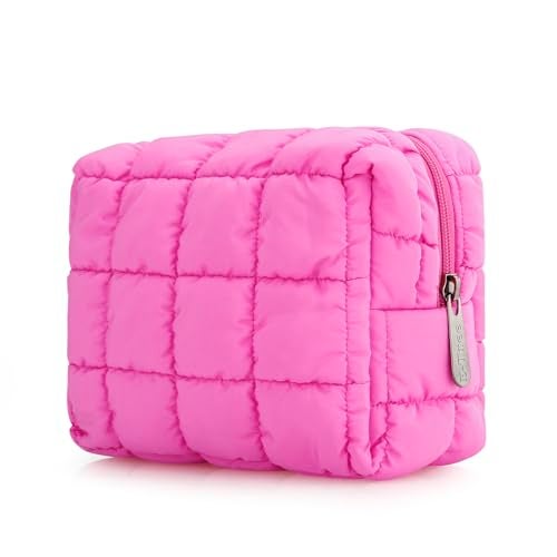 E-Tree Cute Makeup Bag,Quilted Cosmetic Bag,Make up Pouch for Purse,Toiletry Zipper Pouch,Checkered Bag,Travel Case,Storage Pouches for Organization (Hot Pink) - Image 1
