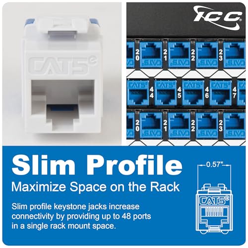 ICC CAT5e Keystone Jack with Slim Profile 180 Degree Punch Down, RJ45 UL Listed PoE++ TAA VoIP Compliant for Wall Plate or Patch Panel, Works with JackEasy Termination Tool, Blue 25 Pack - Image 3