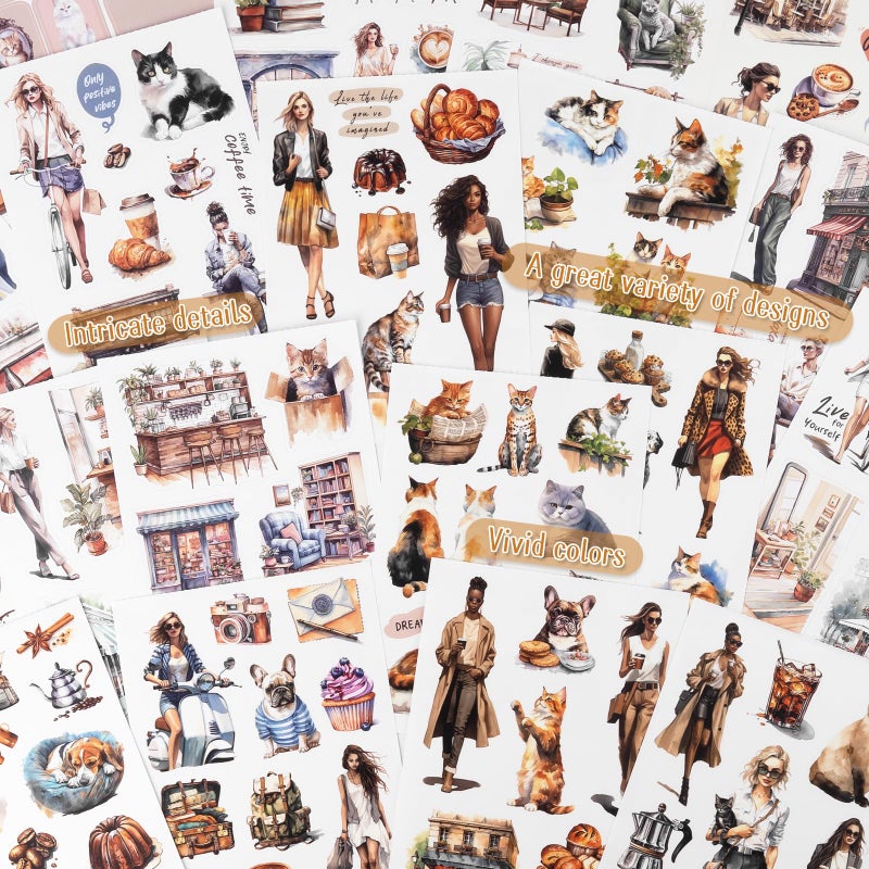 Dizdkizd Coffee and Pet Journaling Stickers for Women, 184 Die Cuts PET and Paper Scrapbook Sticker Kit, Cute Cats and Girl Sticker for Bullet Journals, Planners, Collage - Image 3