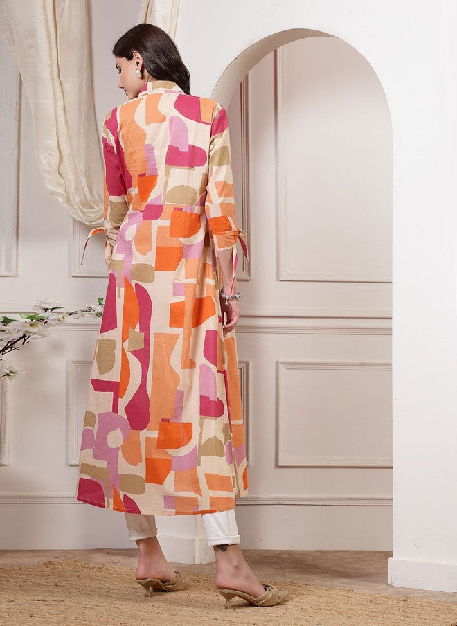 LARGISH Abstract Printed Open Front Cotton Shrug with Three-Quarter Sleeves - Image 3