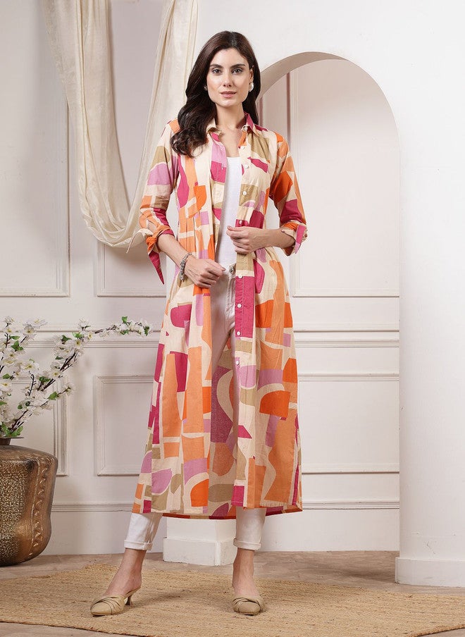 LARGISH Abstract Printed Open Front Cotton Shrug with Three-Quarter Sleeves - Image 1