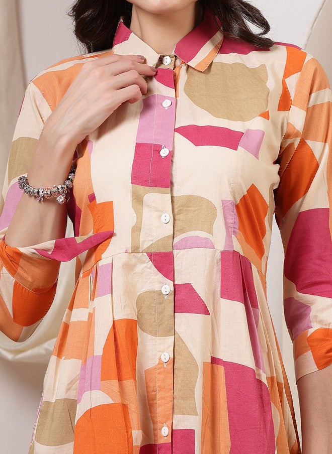 LARGISH Abstract Printed Open Front Cotton Shrug with Three-Quarter Sleeves - Image 2