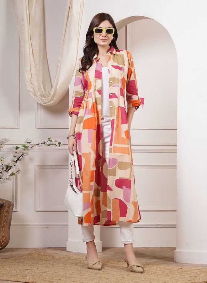 LARGISH Abstract Printed Open Front Cotton Shrug with Three-Quarter Sleeves - Image 4