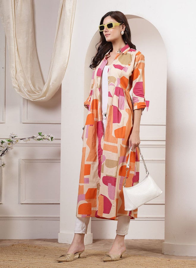LARGISH Abstract Printed Open Front Cotton Shrug with Three-Quarter Sleeves - Image 5